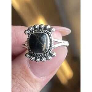 925 Sterling Silver Genuine Blackjack Turquoise Stone Southwestern Ring Sz 9
